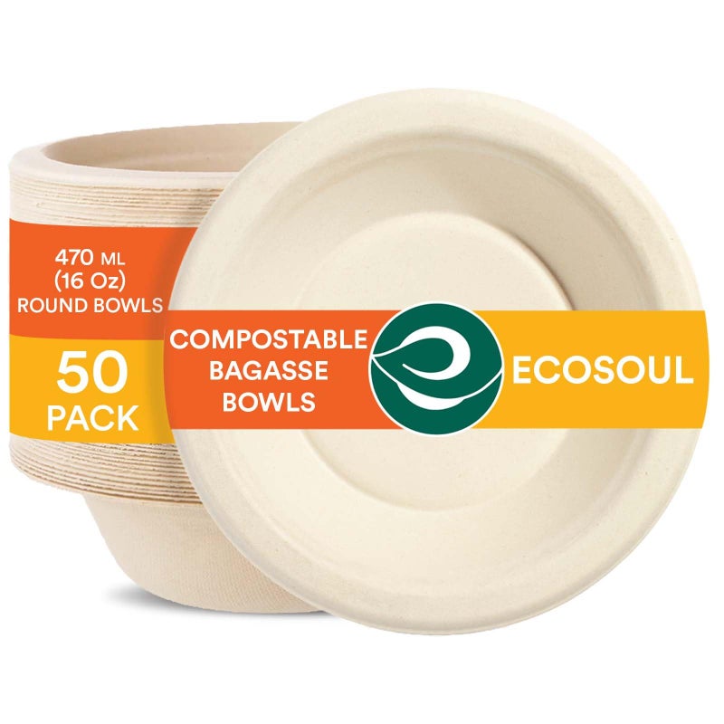 ECO SOUL 100 Compostable 16 Oz Soup Bowls 50Pack Disposable dessert bowls I Heavy duty paper bowl I Ecofriendly salad bowl I Biodegradable large Bowls